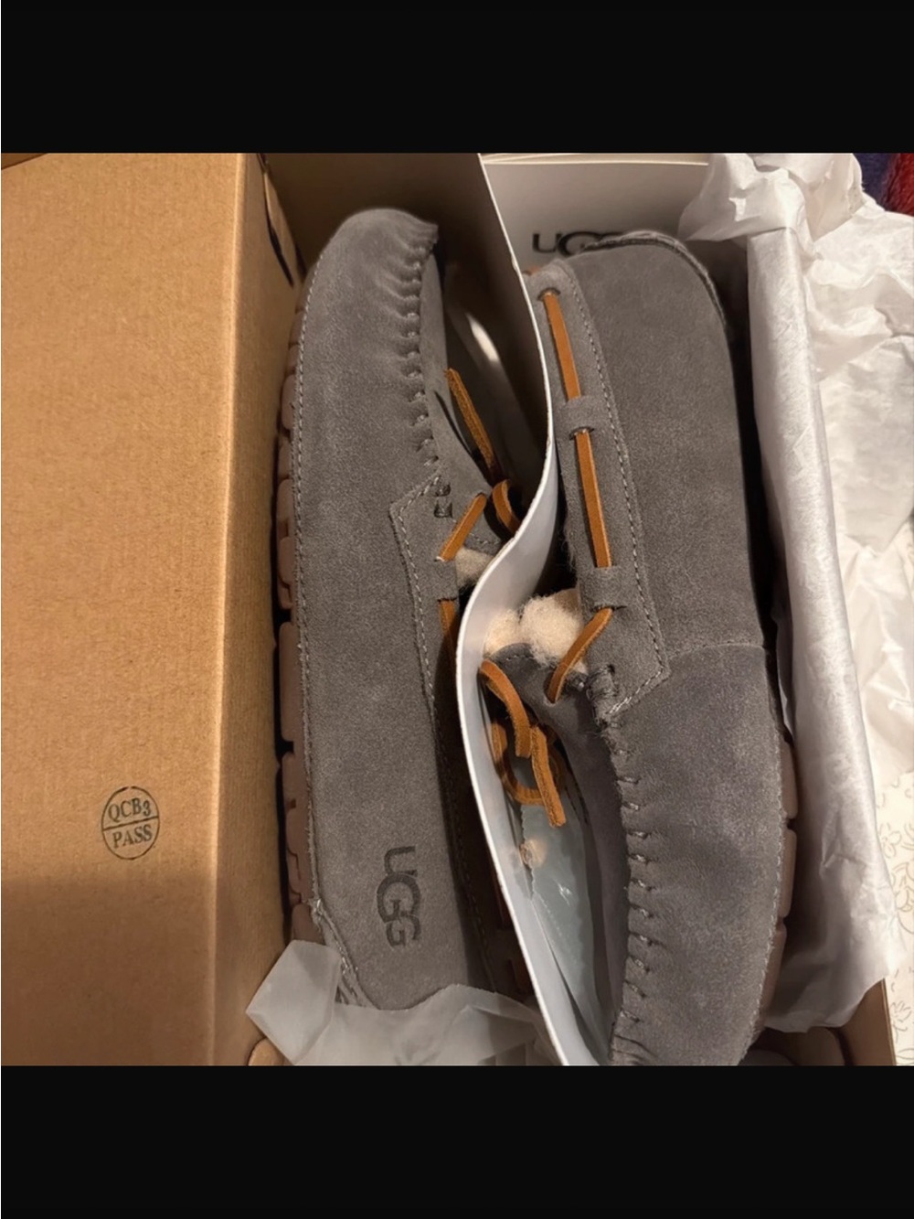 UGG women’s Grey Suede Moccasin Loafers with Tan Lace Detail